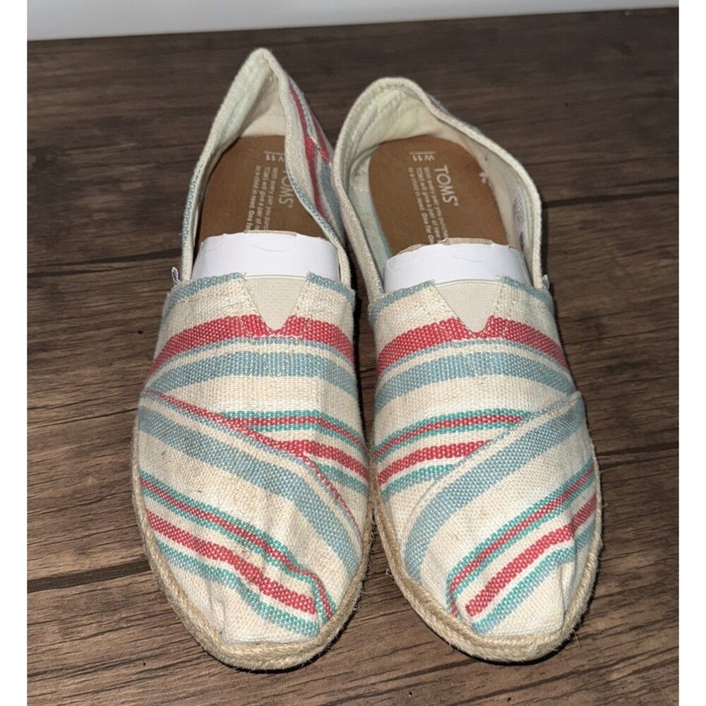 TOMS Slip On Shoe Women's Blue Red Cream Striped Canvas Sneaker Casual Size 11